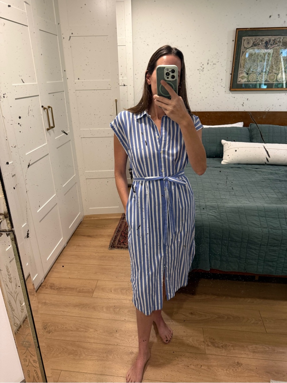 Loft Button Midi Shirt Dress Blue and White Striped